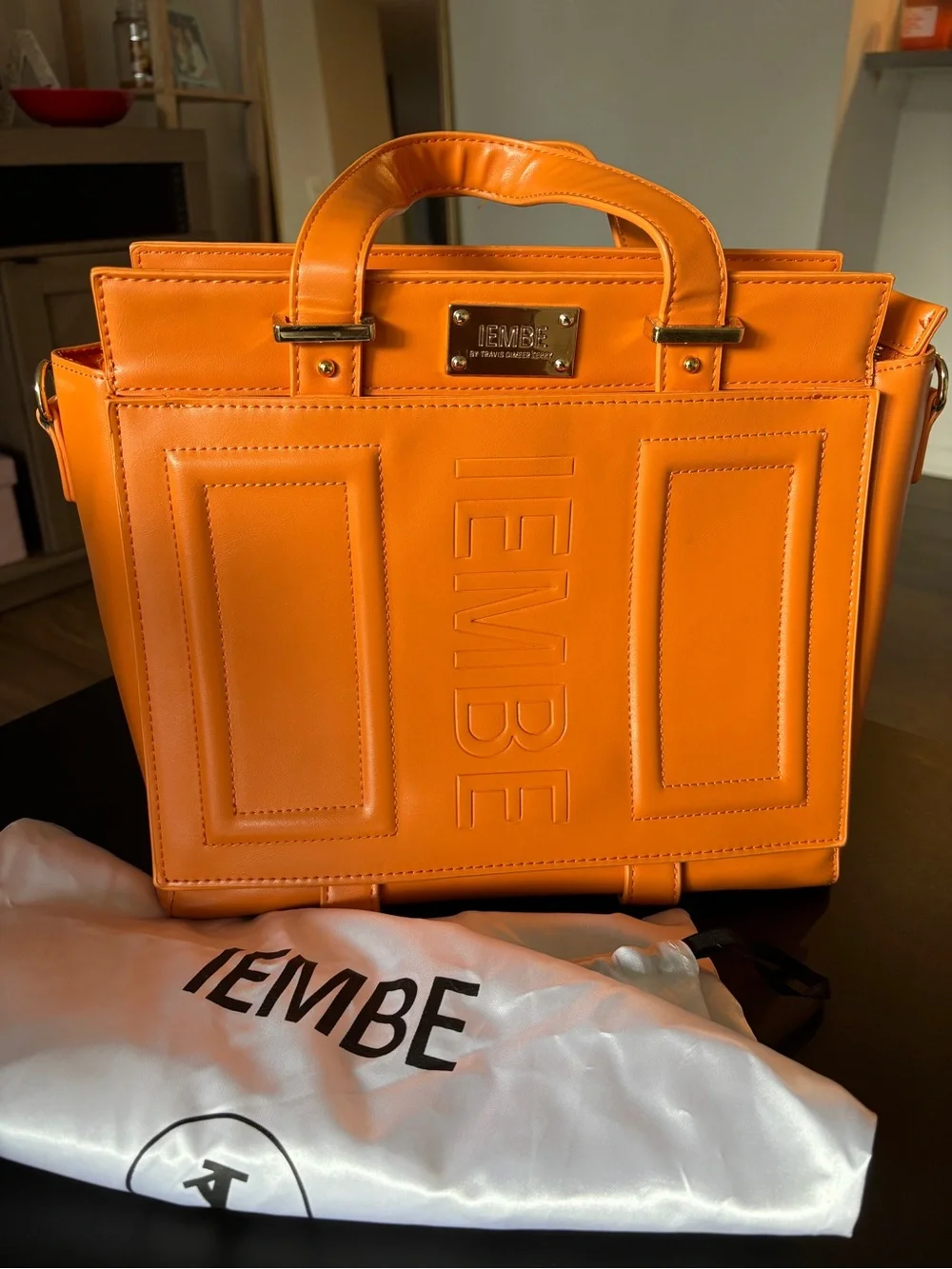 IEMBE BIA: Orange Structured Top-Handle Bag